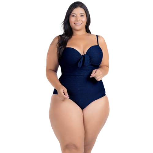 Body Maiô Costas Nuas Modelador Disfarça Barriga Drapeado Compressão Hidroginástica Natação Praia Piscina Senhoras Com Bojo Aro Reforçado Levanta Seio (Azul Marinho, G2(52))