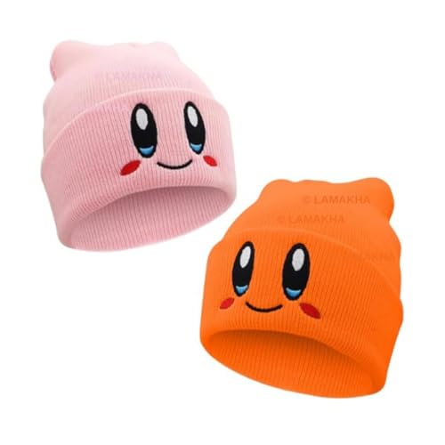 LAMAKHA 2 Packs Kid-by Beanie Adult Size Anime Hat Accessory Kawaii Medium-Large (Acrylic Pink & Orange)