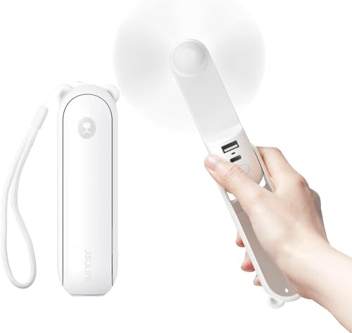 JISULIFE Ventilador de Mano, Duración Máxima de 46 Horas con Batería Externa de 4500 mAh, Ventilador Portátil con Linterna, Mini Ventilador Plegable para Viajes, Regalos para Mujeres y Hombres-Blanco