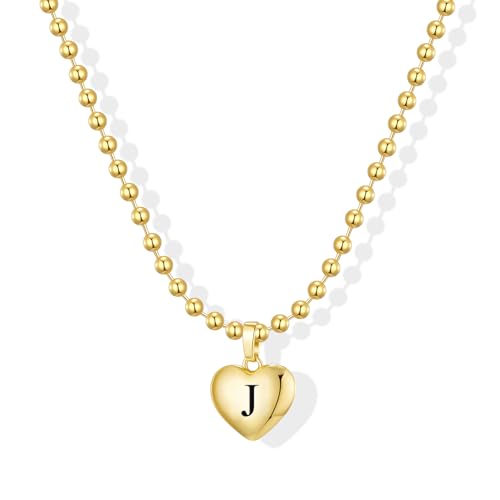 KISSCLOUD Heart Initial Necklaces for Women 14K Gold Plated Dainty Letter Charm Necklace Cute Bubble Personalized Name Pendant Ball Chain J Necklace Non Tarnish Trendy Jewelry Gift