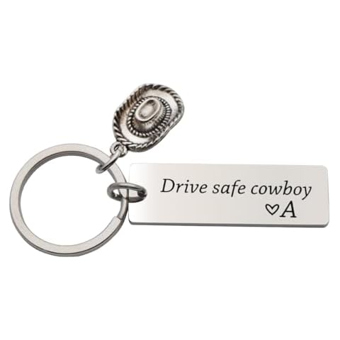 CHENVA Drive Safe Cowboy Keychain Engraved Initial Personalized Gift for Husband Boyfriend Cowboy Hat Keyring New Drive Gift (Drive Safe Cowboy-A) Cover