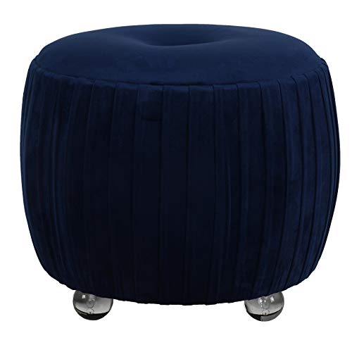 Cortesi Home Doles Round Ottoman with Clear Acrylic Legs 16, High, Navy Blue Velvet