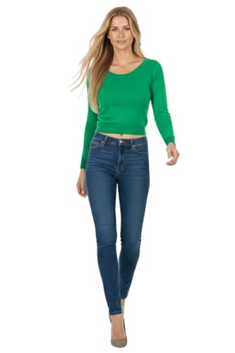 Image of Women's Crop Top Stretch Sweater - Long Sleeve Slim Bodycon Crewneck Casual Basic Solid Cropped Knit Pullover Top