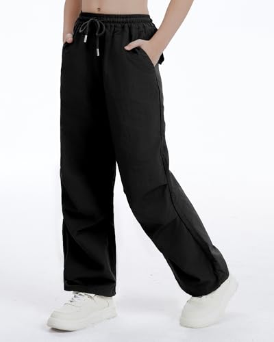 Image of Girls Parachute Cargo Pants Drawstring Waterproof Causal Hiking Pants for Girls Pockets Lightweight Running Joggers