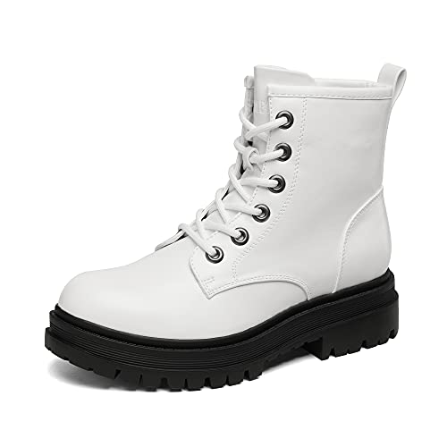 DREAM PAIRS Combat Boots Ankle Booties Lace-up Platform Side Zipper Lug Sole Boots 8.5 White