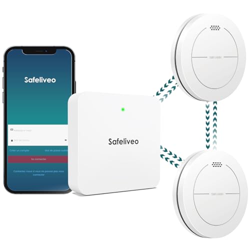 Safeliveo Détecteur de fumée interconnecté WiFi avec Batterie de 10 Ans, Lot de 2 avec Station de Base, certifié TUV Rheinland, Ensemble d'alarme de fumée à contrôle par Application