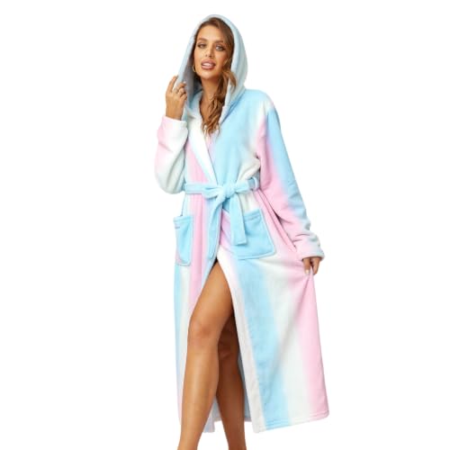 Image of RONGTAI Womens Robes Plush Fleece Hooded Bathrobe Thick Nightgown with Pockets Fluffy Sleepwear