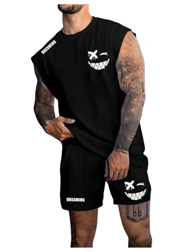 WDIRARA Men's Graphic Letter Print Tracksuits 2 Piece Outfits Sleeveless Tank Tops Drawstring Shorts Set