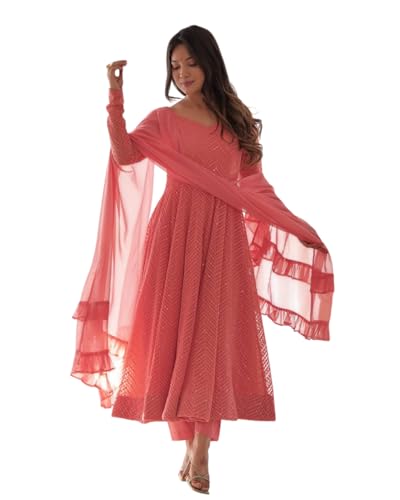Image of Women's Heavy Faux Georgette Embroidery Work Anarkali and Set Beautiful Dupatta Traditional for Women Any Occasion Lehenga choli