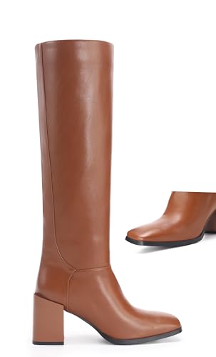 Image of Women's Knee High Boots Chunky Heel Square Toe Side Zipper Tubular Leg Soft Brown PU Leather Classic Fashion Dress Long Boots 6M