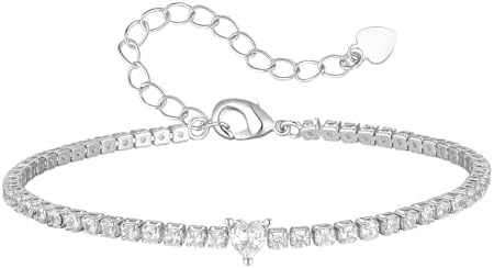Gold Heart Tennis Bracelet for Women - 14K Gold Plated Heart Cubic Zirconia Link Bracelet, Adjustable Dainty Minimalist Design, Trendy Anniversary Birthday Christmas Jewelry Gift for Her