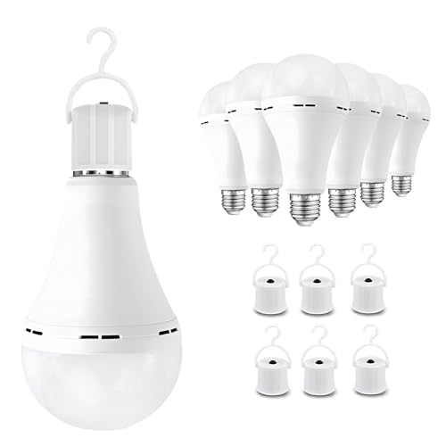 Emergency Rechargeable Light Bulbs 6 Pack Keep Lighting When Power Failure A21 9W 60W Equiv. Battery Operated Light Bulb with 1200mAh for Home Camping Emergency Time 4-5 hrs(with Hook Warm White)