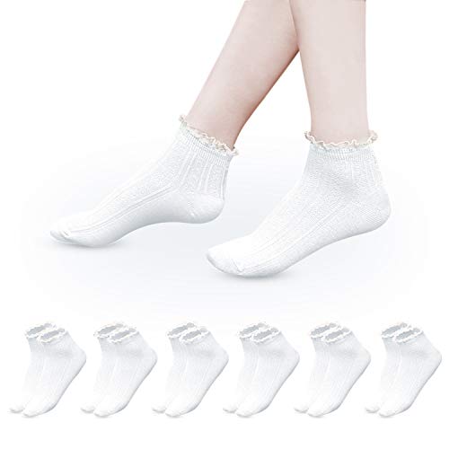 Unisun 6 paire femmes chaussettes à la cheville tricot coton dentelle à volants chaussettes couleur unie chaussettes décontractées filles princesse chaussettes étudiant chaussettes