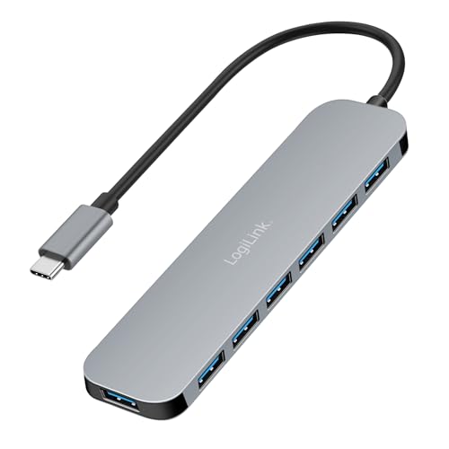 LogiLink Ultra-Slim USB-C Hub mit 7-Ports, 5 Gbit/s, inkl. 20W PD (PowerDelivery) Ladegerät, Überstrom, Überspannung, Überlast und Kurzschluss, für Windows/Mac OS/iPad OS/Chrome OS/Android/Linux