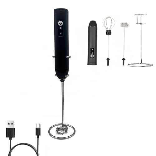 Image of Digead Mini Milk Frother Handheld with Stand, Rechargeable Electric Whisk with 3 Speeds & 2 Whisks, Portable USB Coffee Frother for Latte Cappuccino Matcha, Black