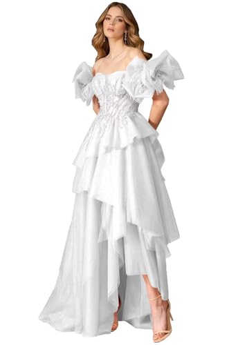 Puffy Layered Tulle Ball Gown Off The Shoulder Formal Evening Party Dress Cascading Ruffles...