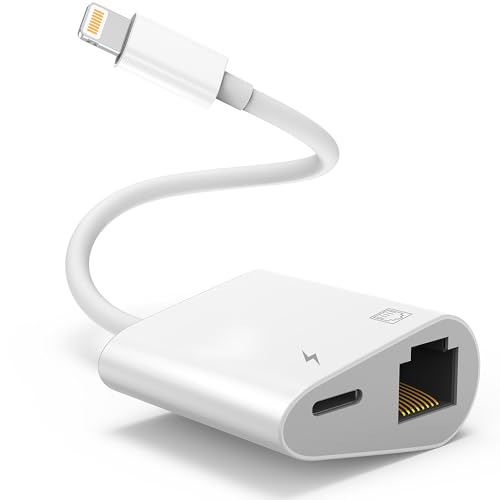 KENJURL Lightning to Ethernet Adapter, 2-in-1 Lightning to RJ45 Ethernet, Supports Charging, Compatible with iPhone/iPod, 100Mbps High-Speed Network Support