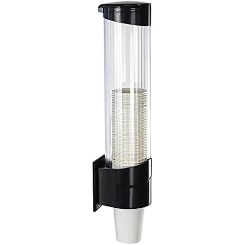 Medium Pull Type Cup Dispenser, Paste or Screw Plate Mountable Cup Holder, Fits 5oz - 7oz Cone or Flat Bottom Cups, 16” Tube Length, Mounting Water Dispenser Cooler or Wall (Medium,Black) Cover