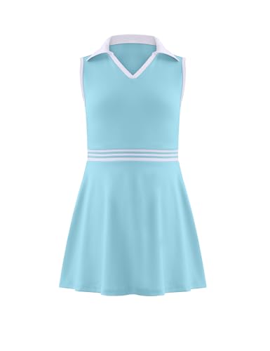 Image of Girls Tennis Dress Golf Outfit Sleeveless Athletic Dresses Polo V Neck Sport Skirt with Pockets 4-13Y