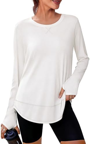 Terecey Langarmshirt Damen UPF50+ Funktionsshirt Sportshirt mit Daumenloch | Locker, 92% Polyester, 8% Elasthan, Atmungsaktiv, Schnelltrocknend, Leicht , Yoga Wandern Laufen Fitnes