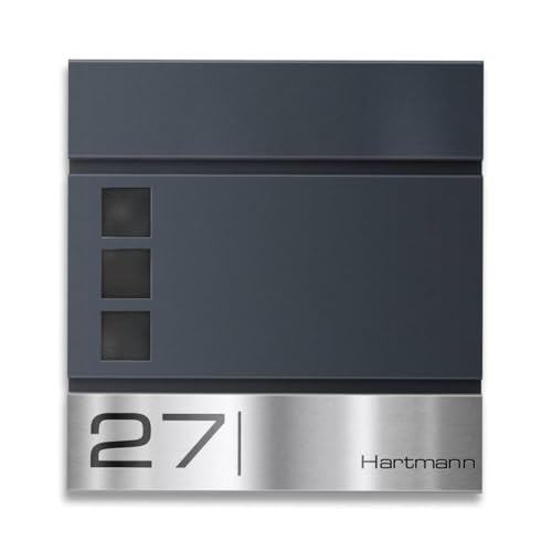 Metzler Boîte aux Lettres Anthracite RAL 7016 en Acier avec fenêtre – Plaque Nominative en INOX gravée au Laser – avec Compartiment à journaux –...
