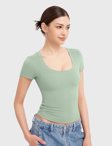 PUMIEY Women's T Shirts Short Sleeve Scoop Neck Basic Going Out Tops Fashion Slim Fit Tee Smoke Cloud Pro Collection