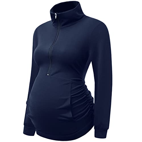 Image of DEBELLY Maternity Shirt with Pocket Women's Lapel Top Casual Pregnancy Long Sleeve Zipper Hoodie