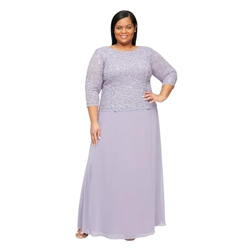 Image of Alex Evenings Women's Plus Size Stretch Lace Bodice Mock One Piece Gown, Heather, 16W