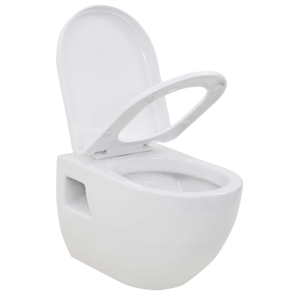 Mangloder WC suspendu en céramique blanc avec abattant à ralentissement, facile à installer pour salle de bain moderne, compatible avec plomberie murale, nettoyage simple