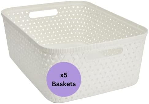 Store & Order Stackable Small Storage Basket x5, Decorative Plastic Box, Multi-Functional Boxes for around the home, Perfect Organiser Baskets for Kitchen or Bathroom Cupboard, White Rattan 6.7L