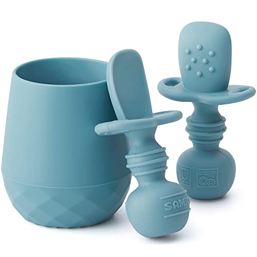 Image of SAMiGO Silicone Baby Utensils - Self Feeding Spoons and Tiny Training Cup - First Stage Baby Led Weaning Supplies for 6 Months+ Infants - Set of 3