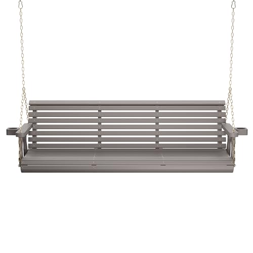 Image of Amish Casual Heavy Duty 700 Lb Capacity Porch Swing with Cup Holders (6 Foot, Semi-Solid Gray Stain) - Wooden Outdoor Roll Back Swing with Hanging Chains - Amish Made in the USA