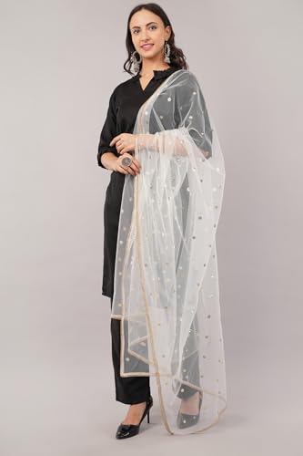 Image of Net Butti Dupatta for Women | Golden Lace Border Chunni | Butti Work Odhani | Wedding & Bridal Styling | Lightweight Drape | Kurti & Salwar Suit