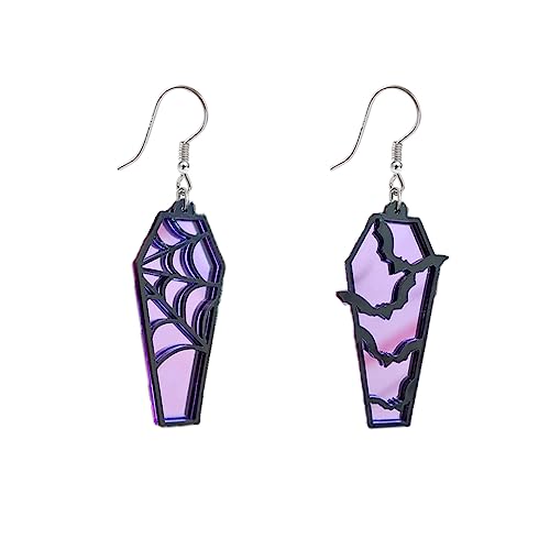 Halloween Coffin Mirror Asymmetric Hook Hoop Earrings Acrylic Bat Spider Web Horror Casket Dangle Drop Earring Punk Jewelry Gifts for Women Bff