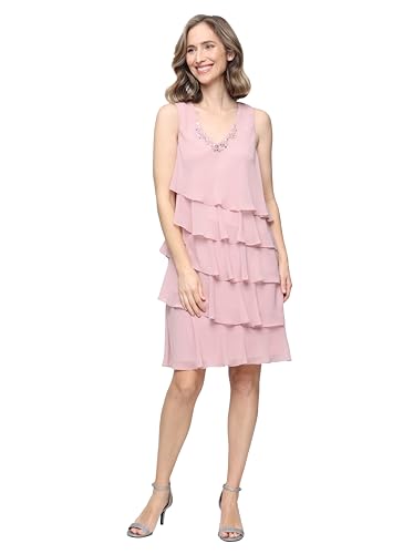 Image of S.L. Fashions Women's Chiffon Tiered Jacket Dress with Beaded Neckline Mother of the Bride, Cocktail, Or Wedding Guest Dress