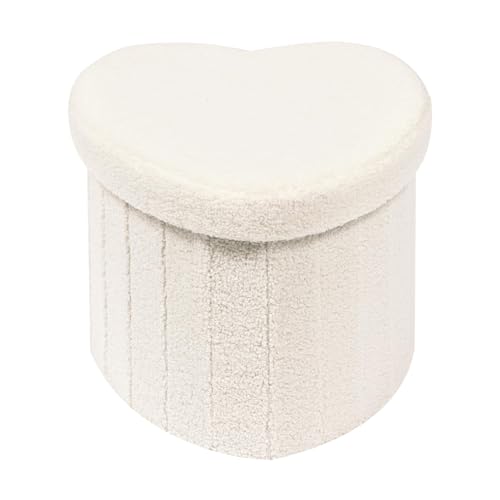 Bonlife White Boucle Ottoman with Storage,Foldable Footstool for living room,Toy Chest,Storage Seat Teddy Heart Shape Footrest,38X38X32cm