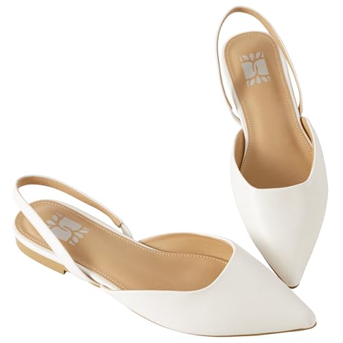 DREAMCIA Slingback White Flats for Women, Pointed-Toe Ballet Flats with Buckle Strap for Elegant Women，Classic Low Heel Dress Shoes for Casual Work Office Party（Size 6.5）2
