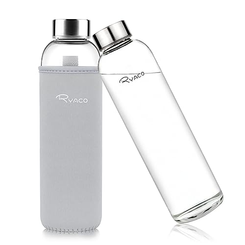 Ryaco Trinkflasche aus Glas 1 liter/1L/1000ml,Glasflasche mit Neoprenhülle,Glastrinkflasche mit Schraubverschluss,Wasserflasche Glas für heiße kalte Getränke,spülmaschinenfest