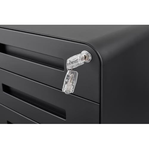 Cassettiera con serratura a 3 cassetti - Armadietto portatile in metallo con 5 ruote di sicurezza e cartella sospesa regolabile in altezza, colore nero