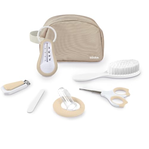 BÉABA Trousse de Toilette Bébé Nomade – 7 Accessoires Essentiels Dès la Naissance – Thermomètre, Coupe-Ongles, Ciseaux, Brosse, Anneau de Dentition – Format...
