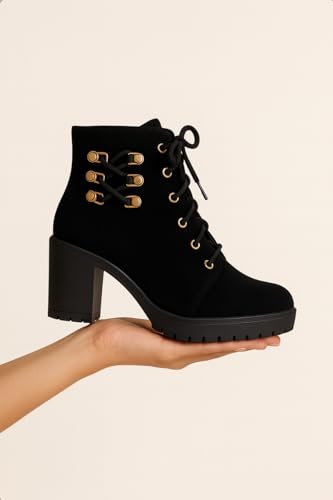 Image of Women's Ankle Boots | Stylish & Trendy Lace Up Design Fashion High Ankle Chelsea Boot with Heel | Durable Suede Leather Stylish Block Heeled Western Boots For Girls & Women