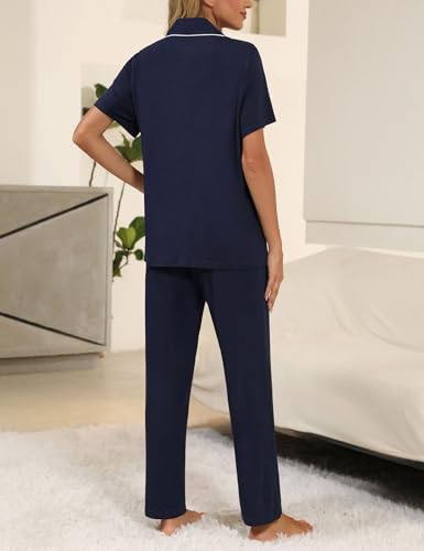 Image of Senert Womens 2 Piece Pajamas Set Button Down Top and Pants Soft Sleepwear | Short Sleeve Lounge Sets with Pockets, Maternity / Nursing /Postpartum Pjs Set, Bride Pjs Set for All Seasons