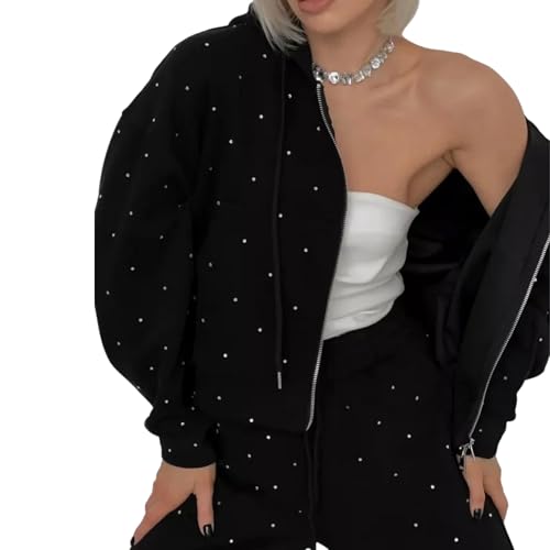 Women's Jogging Suits 2 Sets Rhinestone Zip Up Hoodies Baggy