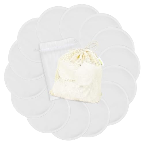 Image of wegreeco Nursing Breast Pads (14 Pack) + Laundry Bag & Travel Storage Bag, 4.7 inch Option - Washable & Reusable Breastfeeding Nursing Pads (White, Plain Shape)