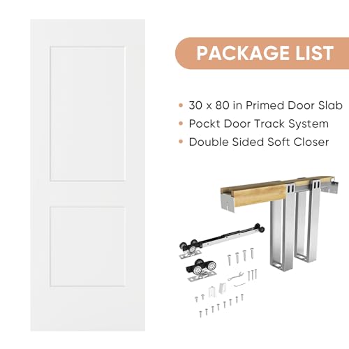 Image of BARNSMITH 30in x 80in Sliding Pocket Door, Track Hardware and Frame Kits with 2-Panel White Paintable Door Slab Included, Soft Close Mechanism, Durable and Smooth