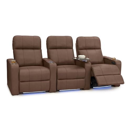 Image of Seatcraft Monterey Home Theater Seating Tobacco Row of 3 | Italian Leather, Wall Hugger, Zero Gravity, Powered Headrest, Power Recline, Zero Gap, USB charging