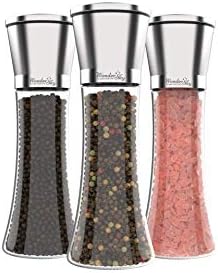 Salt and Pepper Grinder Set of 3 - Salt and Pepper Shakers, Adjustable Ceramic Sea Salt Grinder & Pepper Grinder - Tall Glass Salt and Pepper Shakers - Pepper Mill & Salt Mill