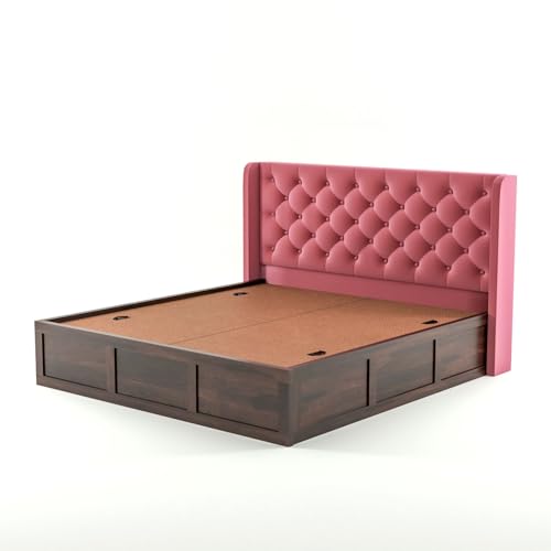 Image of Solid Sheesham Wood Queen Size Bed with Storage | Wooden Double Bed Cot Bed with Box Storage & Velvet Upholstered Cushioned Headboard for Bedroom (Walnut A, Queen)
