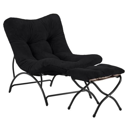 Tiita Accent Lazy Chair with Ottoman, Comfy Lounge Chair with Metal Frame and Plush Fabric, Thick Cushion Seated Cozy Recliner Chair for Reading Room, Living Room, Bedroom, Office, Black by Tiita - Used condition - US$93.47