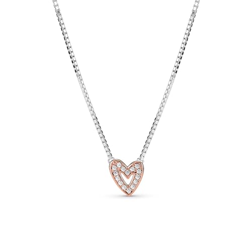 Pandora Sparkling Freehand Heart Necklace - Adjustable Necklace with Lobster Clasp - Great Gift for Her - Sterling Silver, 14k Rose Gold & Cubic Zirconia - 17.7
